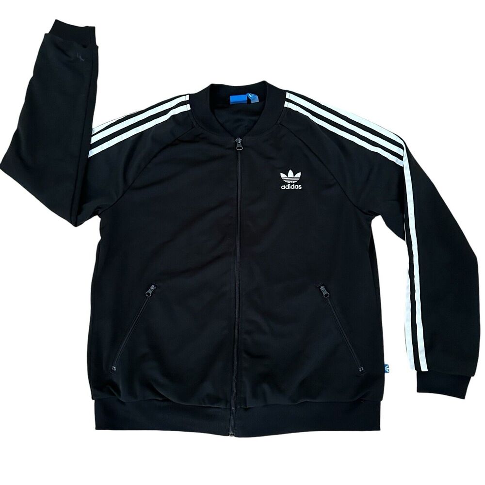 Adidas Women’s Original 3 Stripes Zip Front Track Jacket With Back Logo Black L